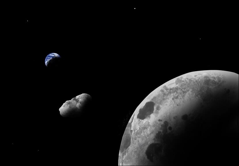 Impresión artística del cuasi-satélite terrestre Kamo`oalewa cerca de la Luna.